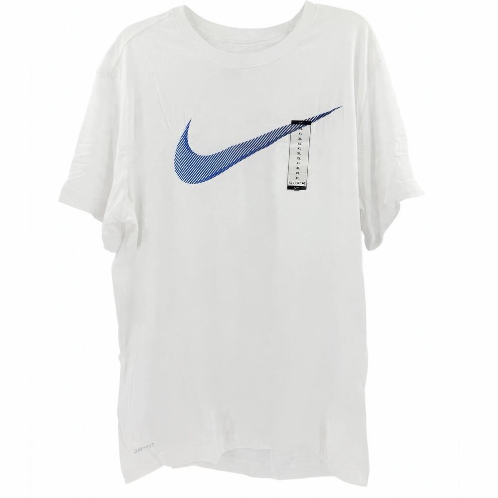 NWT Nike Men's XL The Nike Tee Dri-FIT T-Shirt White Blue Striped Swoosh